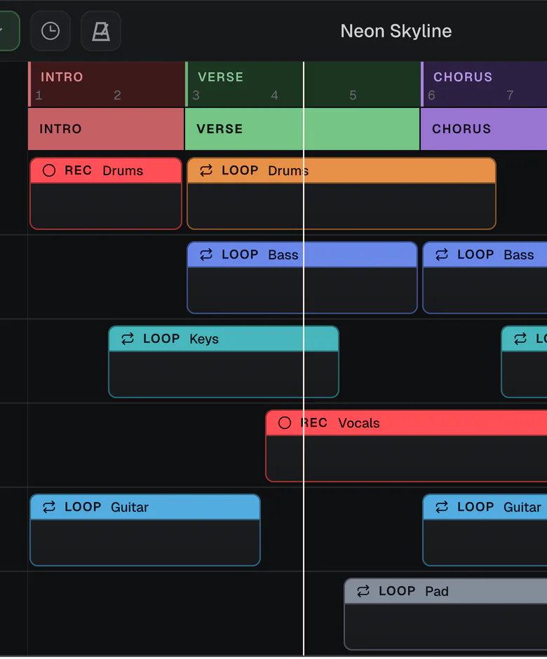 A song laid out as Intro, Verse and Chorus sections with REC and LOOP clips in track colours.