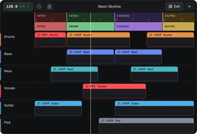 A song laid out as Intro, Verse, Chorus and Outro sections with REC and LOOP clips in six track colours.